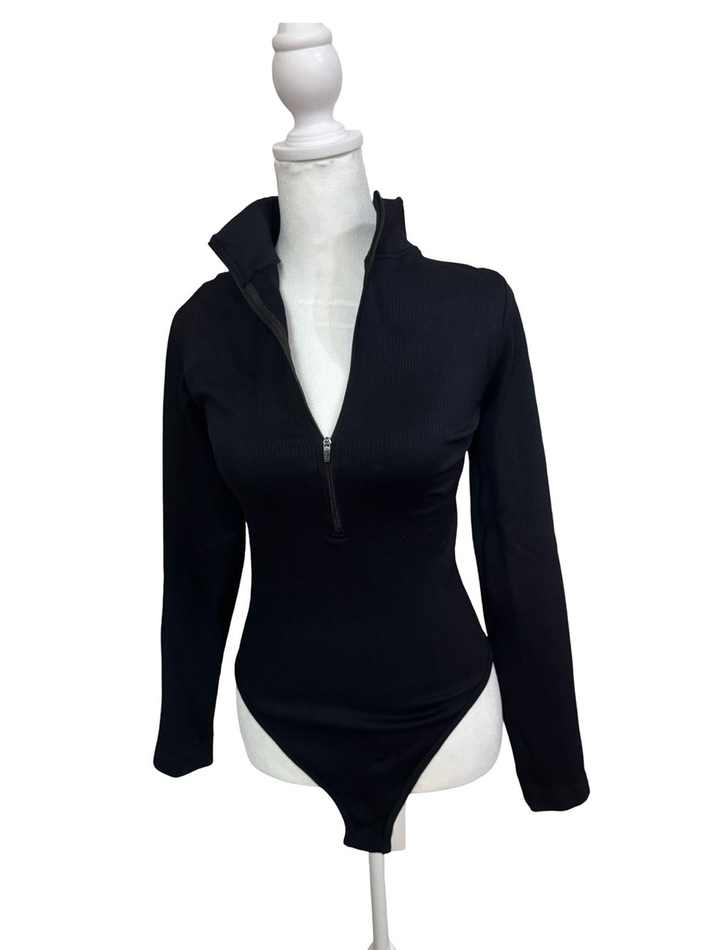 Black Ribbed Half-Zip Long Sleeve Bodysuit